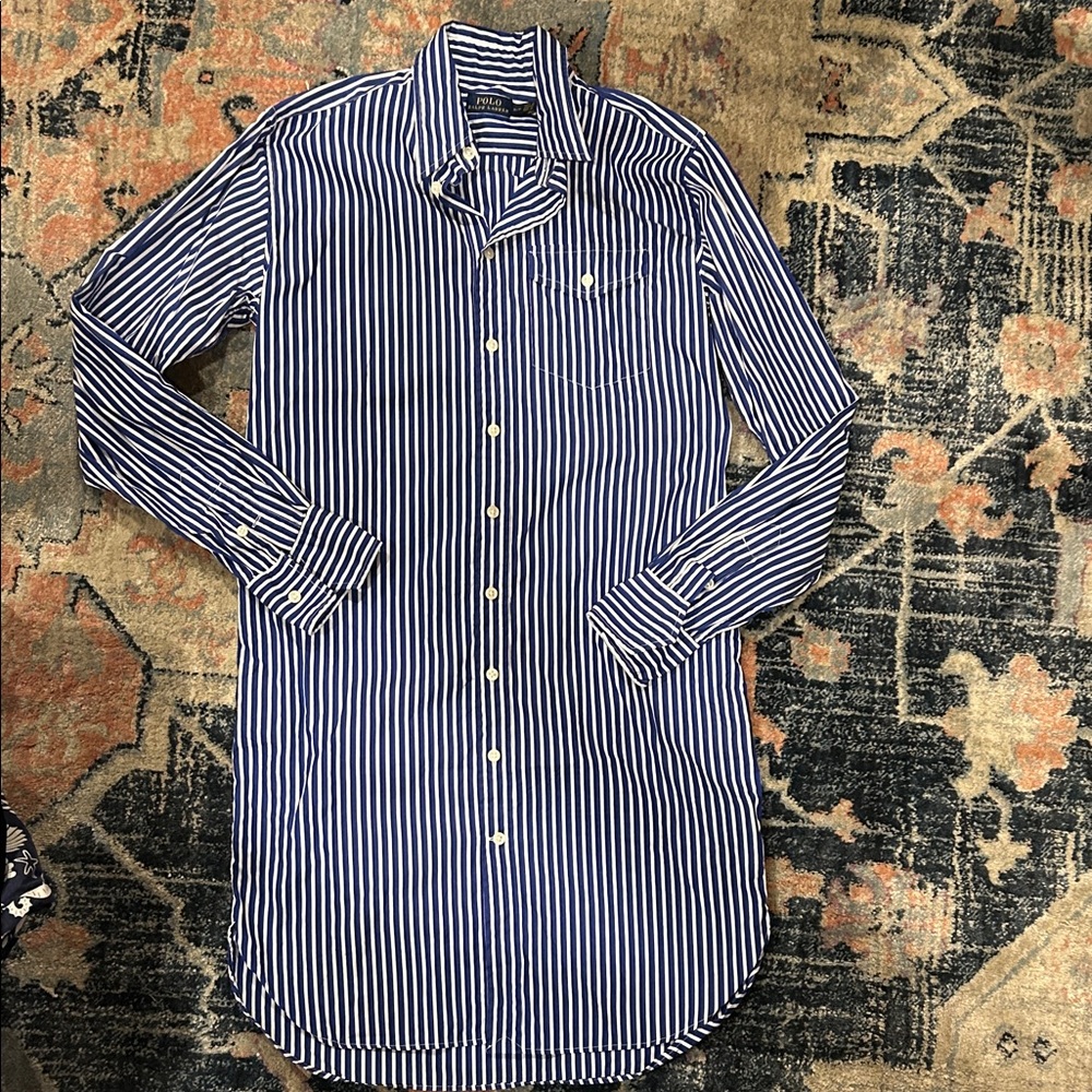 Ralph Lauren Polo Navy and White Striped Shirtdress Sz Small 100% cotton